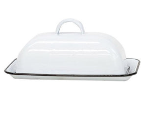 White butter dish with a lid on a white background