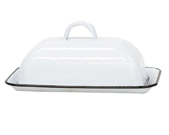White butter dish with a lid on a white background