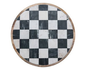 Black &amp; white marble check lazy Susan

Add unique charm to your dining table with this gorgeous lazy Susan. Framed in mango wood, this lazy Susan features a black and white marble check design. This piece would look wonderful with other black and white decor.&nbsp;

Materials:
Wood, marble

Dimensions:
16" diameter