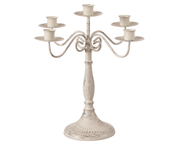 Add classic charm to a dining room with this beautiful candelabra. It features an vintage-inspired creamy white finish that has been distressed, and it is designed to hold five taper candles. 