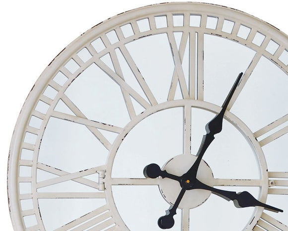 Elegant distressed cream mirror wall clock

This elegant wall clock doesn't just tell time, it enhances your home's aesthetic with its sophisticated design. Perfect for your living room, office, or any space that could use a touch of timeless charm, this clock features a mirror and antique white design. 

Materials:
Wood, glass, metal

Dimensions:
28