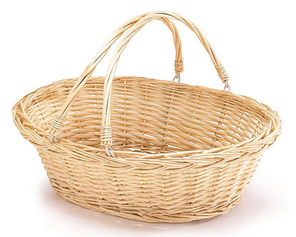 Wicker basket with handles on a white background