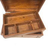 Colonial style wood writing &amp; storage chest

This beautiful Colonial-style writing and storage chest is made of durable mango and teak wood, beautifully walnut stained and finished with beeswax. It features black iron accents, latch and a removable tray. It makes for an outstanding, unique gift item or complement to antique and Early American decor. Perfect for holding all of your writing accessories, jewelry, and more.

Materials:
Wood, metal

Dimensions:
9 1/2" high x 6 1/4" deep x 14" wide