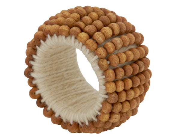 This wooden beaded napkin ring is a great way to elevate the look of your tabletop without overshadowing it. Casual, yet stylish these napkin rings bring texture to your place settings, as well as dimension. They're very easy to pair with a wide range of table linens and dinnerware.  These napkin rings are sold individually or in sets of four.  Materials: Wood, fabric   Dimensions: 1 1/2