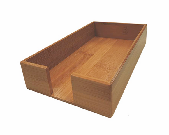 Wooden paper guest towel tray with compartments on a white background