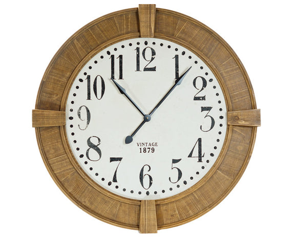 Round wall clock with wooden frame and white face displaying numbers.