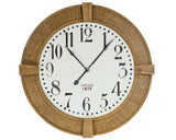 Round wall clock with wooden frame and white face displaying numbers.