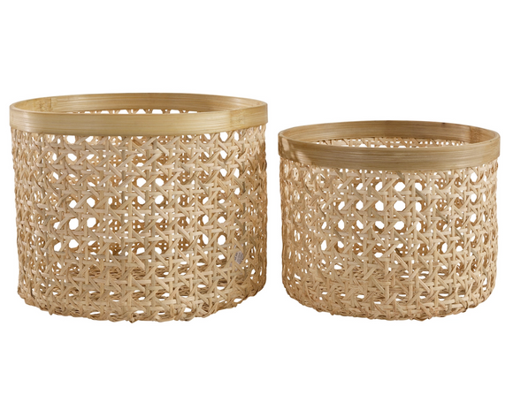 Two woven baskets with a natural pattern on a white background