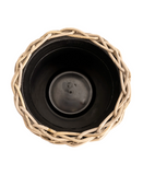 Rattan pot with woven brown rim on a white background
