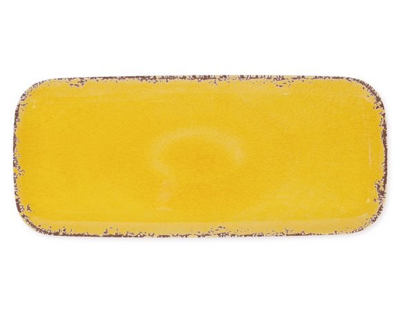 Crackle yellow melamine rectangular tray

Brighten up a buffet with this bright yellow platter. It features a crackled yellow finish to give it an aged finish. Made of melamine, this platter is a kid-friendly choice. It's also a great choice for a gift.

Materials:
Melamine

Dimensions:
6 1/2