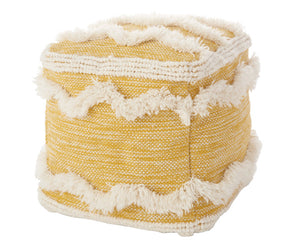 Woven bohemian style chevron mustard yellow

Including a clever cheery design, this boho style pouf is perfect for a playroom or casual living room. It features natural jute fabric with fringe details. This pouf is a great option for a gift.

This pouf is proudly made in the USA.

Materials:
100% Cotton

Dimensions:
16" wide x 16" deep x 16" high

Care:
Spot-clean only&nbsp;