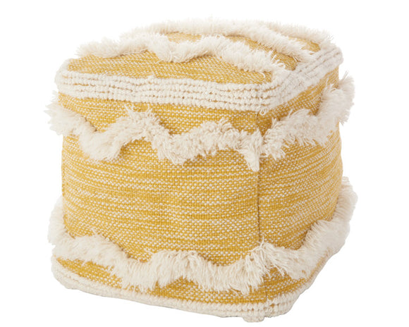 Woven bohemian style chevron mustard yellow

Including a clever cheery design, this boho style pouf is perfect for a playroom or casual living room. It features natural jute fabric with fringe details. This pouf is a great option for a gift.

This pouf is proudly made in the USA.

Materials:
100% Cotton

Dimensions:
16