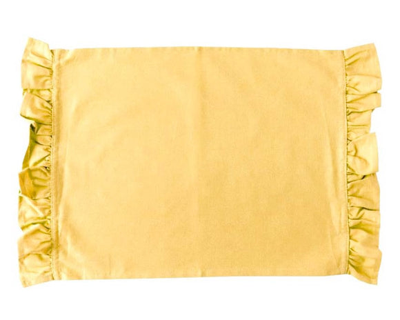 Classic yellow cotton placemat with ruffle edges

Add a little fancy to your daily routine. Our placemats always feel elegant even when take-out Thai and a box of wine do not. There is nothing easier than adding a beautiful cloth placemat to your table to make your family or guests feel at once fussed over and comfortable. Paperless living never felt so good!

This placemat is sold individually or sets of four.

This item is proudly made in the USA.

Materials:
100% Cotton

Dimensions:
14
