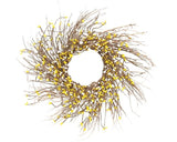 Yellow &amp; cream natural 16" twig wreath&nbsp;

This wreath has a natural twig construction. It is perfect for dressing up an empty wall or a covered door. Its branches can be fanned out for a fuller look, and its yellow and cream plaster pip berries can be accented by string lights, baubles, or jute ribbons for extra punch. This wreath is easy to display by a hook or wreath hanger.