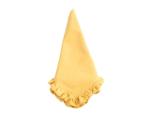 Yellow ruffle napkins

Add a little fancy to your daily routine. These cloth dinner napkins always feel elegant even when take-out Thai and a box of wine do not. Color-fast dyes are used, and these napkins do not require ironing. These napkins will soften with age, but hold their shape for many years of gracious living.

These napkins are sold individually or in sets of four.

This item is proudly made in the USA.

Materials:
100% Cotton

Dimensions:
20" wide x 20" long

Care:
Machine washable