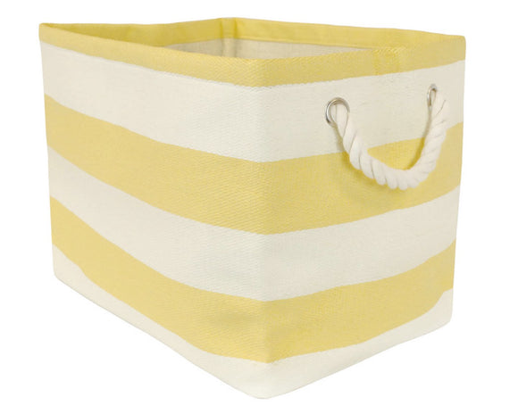 Yellow and white striped storage basket with handles on a white background