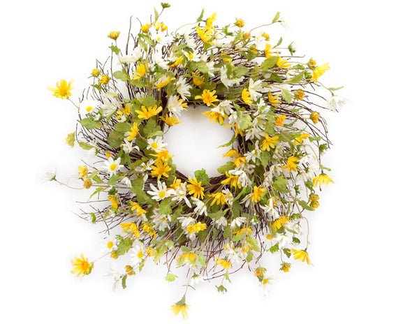 Made to mimic the real thing, this artificial wreath stays green year after year, with no watering needed. Crafted with care, this wreath features stunning daisy flowers that bring a touch of spring to any space. Its circular shape adds a classic and timeless touch to your decor. Perfect for covered outdoor use, this wreath adds a vibrant pop of yellow and white color to your doorstep. Elevate your home with this traditional-style wreath that exudes elegance and charm.  Dimensions: 6