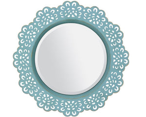 Aqua blue mirror, Ornate lace wall mirror, Round shabby farmhouse chic mirrors, Cottage style home decor, JaBella Designs, Murfreesboro, Shabby chic, Farmhouse chic, Blue wall decor, Blue mirror, Kirklands style, Pottery Barn style, Blue framed mirror