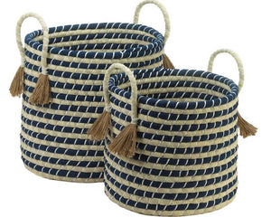 Navy blue and tan striped coastal farmhouse kids woven storage basket set for the home