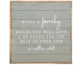 Gray "Being a family means you will love and be loved for the rest of your life no matter what" wall hanging plaque in white font