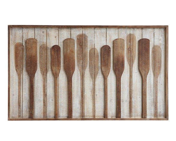 Large framed wall decor with brown wood paddles
