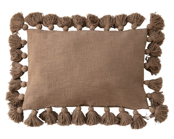 Brown down-filled lumbar pillow with tassels