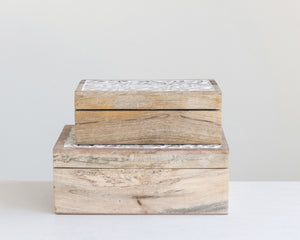 Whitewashed carved mango wood box set