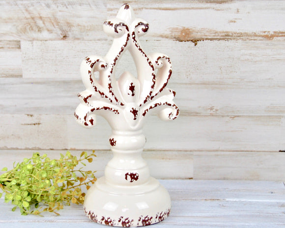 Decorative finial style figurine on pedestal, Worn white ceramic pedestal, Decorative accessories for the home, Shabby cottage chic home decor, Fixer Upper style, JaBella Designs