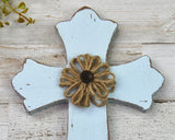 Distressed spa blue burlap small wooden cross