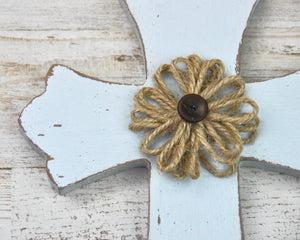 Spa Blue, Brown, Burlap, Cross, Wall Cross, Wooden Cross, Farmhouse, Cottage Style, Shabby Chic, Coastal Living Coastal, Home Decor, JaBella Designs, Made in the USA