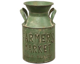 Olive green metal milk can with the words "farmers market" along the front