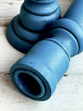 Wood candlesticks, Hand-painted dark blue candle holders, Wooden candleholders, Taper candle holders