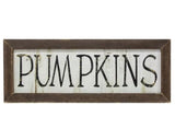 Pumpkins sign, Pumpkin wall plaque, Autumn decorations, Fall pumpkin decor, Fall fireplace, Rustic farmhouse, Brown, Neutral holiday decor, Thanksgiving, JaBella Designs, Welcome autumn with this 25-inch long distressed framed Pumpkins sign. Features bold black lettering on a rustic white background with a rich brown stained wood frame.