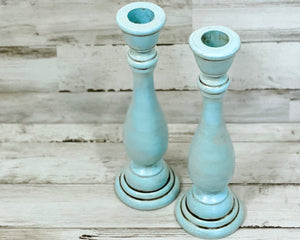 Robin's egg blue, Blue candlesticks, Hand-painted pale blue candle holders, Muted aqua blue, Pale aqua blue, Wooden candleholders, Taper candle holders
