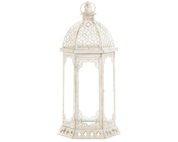 Large distressed ornate white candle lantern