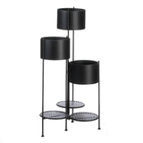 Three tier black round planters with bottom shelves