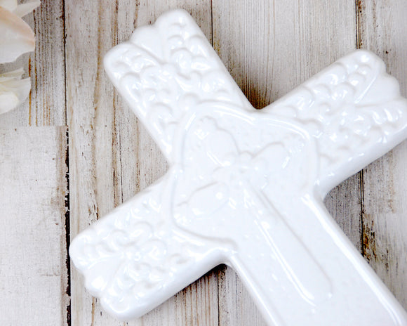 White cross figurine, Decorative porcelain crosses, Ornate cross decor, Cottage chic Christian decor, Religious accessories, JaBella Designs, Burton and Burton, Murfreesboro