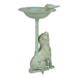 Shabby antique green playful cat birdbath