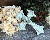 Robin's egg blue wooden wall cross with center embellishment, hand-painted wall decor, shabby cottage chic nursery decor
