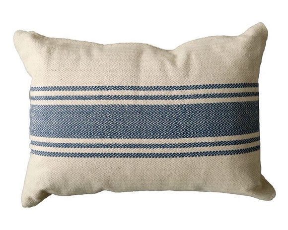 Blue, Natural, Tan, Pillow, Stripe, Country, Farmhouse, Fourth of July, Coastal, Home Decor, JaBella Designs, Neutral beige pillow with navy blue stripes down the middle, Shopify