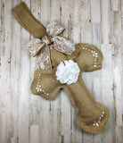 Whether you prefer traditional home accents or farmhouse decor, this burlap fabric cross will add the perfect amount of vintage-inspired style to your home. It is perfect for Easter. It would look wonderful on your front door or covered patio entrance.

Materials:
Burlap, lace

Dimensions:
17" wide x 23" tall
34" long with ribbon