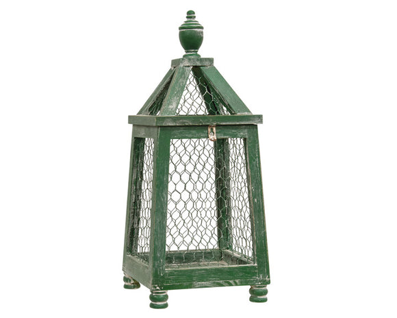 Green distressed lantern, Lantern with chicken wire, Painted candle holder lantern, Decorative garden decor, Country farmhouse decor, Fireplace mantel decorations, JaBella Designs, Shopify 