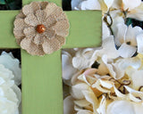 Painted apple green and burlap flower wooden wall cross for the home