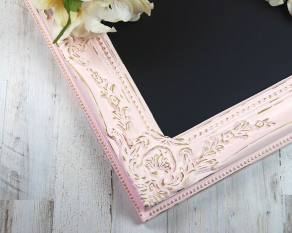 Pink chalkboard, Pink and gold framed message board, Ornate wall decor, Distressed shabby chic, Farmhouse chic decorations, Wedding decor, Spring decorations, Dorm decor, JaBella Designs, Home decor