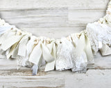 Miniature banner, Fabric rag tie garland, Shabby chic nursery decor, Hospital door decorations, Cottage chic, Ivory, Antique white, White, Lace, Handmade, Made in the USA, JaBella Designs