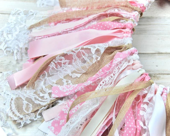 Banner, Pink, Burlap, Lace, Rag tie banner, Banner backdrop, Birthday party, Baby shower, Wedding shower, Shabby chic, Farmhouse decorations, Cottage chic, Etsy, JaBella Designs