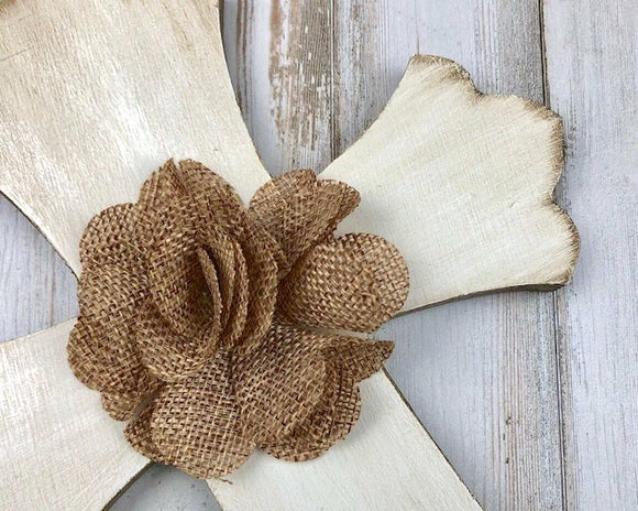Antique white and brown floral hand-painted wooden wall cross decor, wood wall cross, burlap embellished cross, made in the usa, jabella designs