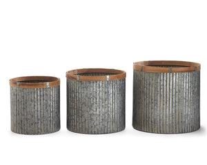 Corrugated lined metal planters with wood trim