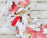 A handmade red gingham plaid fabric rag-tie garland with mixed burlap ribbons knotted securely along a thick twine cord.