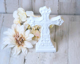 Ceramic ornate white free-standing cross figurine